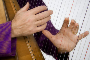 How to Play the Celtic Harp - A photo of a musician playing a Celtic harp on a white background.